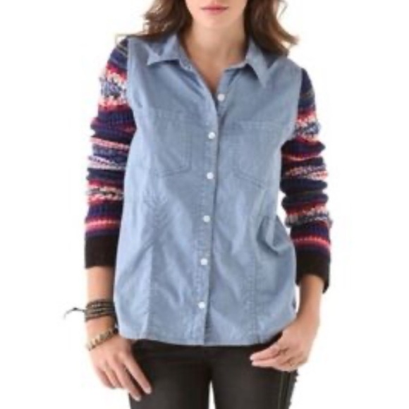 Free People shacket‎ shirt sweater knit sleeve small fair isle chambray - Picture 1 of 9